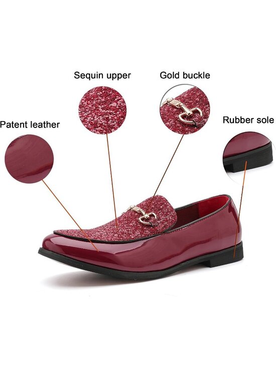 Men\'s Red Rubber Sole Leather Sparkly Sequins Loafers Gold Buckle Party Shoes